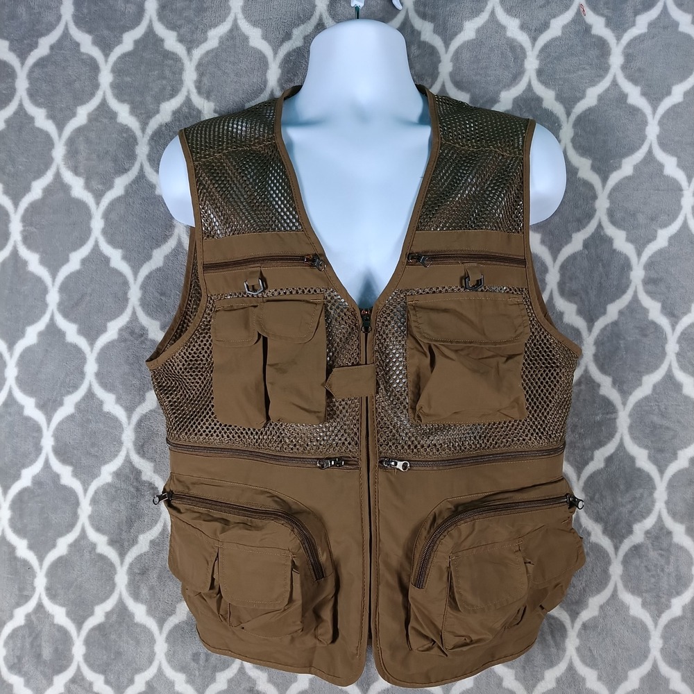 Outdoor Utility Vest Mens XL Brown Fishing Photographer Mesh Multi-Pocket Zip